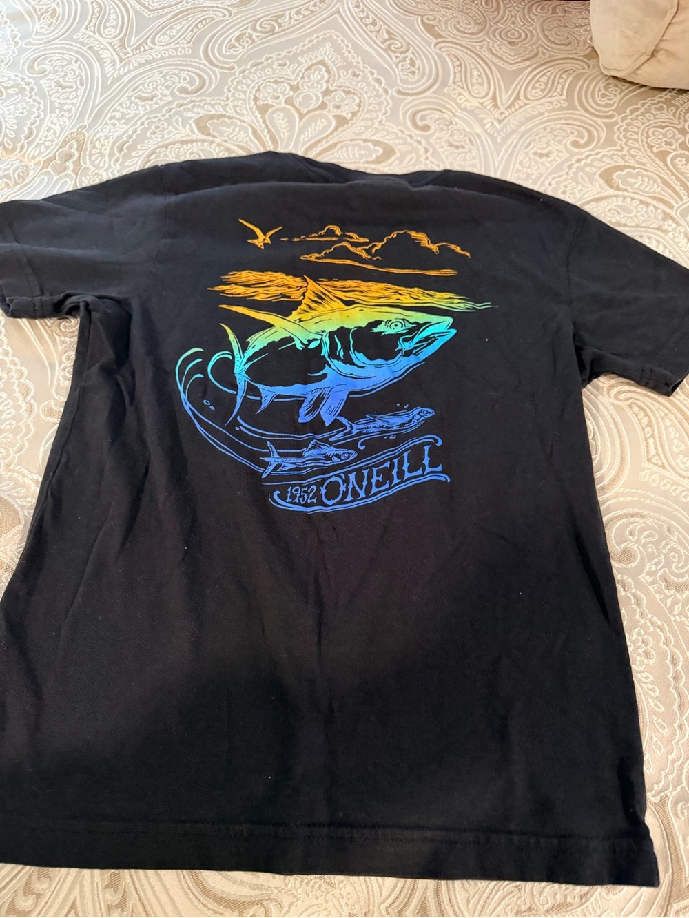 O'Neill Black Short-Sleeve Tee with Multicolor Fish Graphic